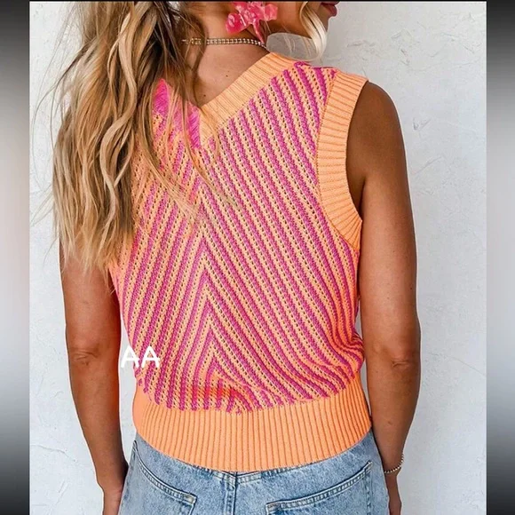 Cozy Boho Colorblock Sleeveless Knit Sweater Top Pink Orange - Picture 2 of 6